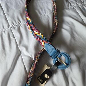 New Old Stock! Colorful Vintage 80s Leather Braided Belt with Blue Buckle